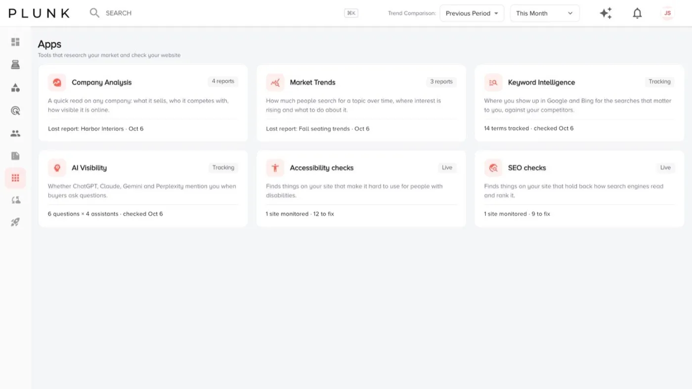 The Apps page with research, tracking and monitors in one place