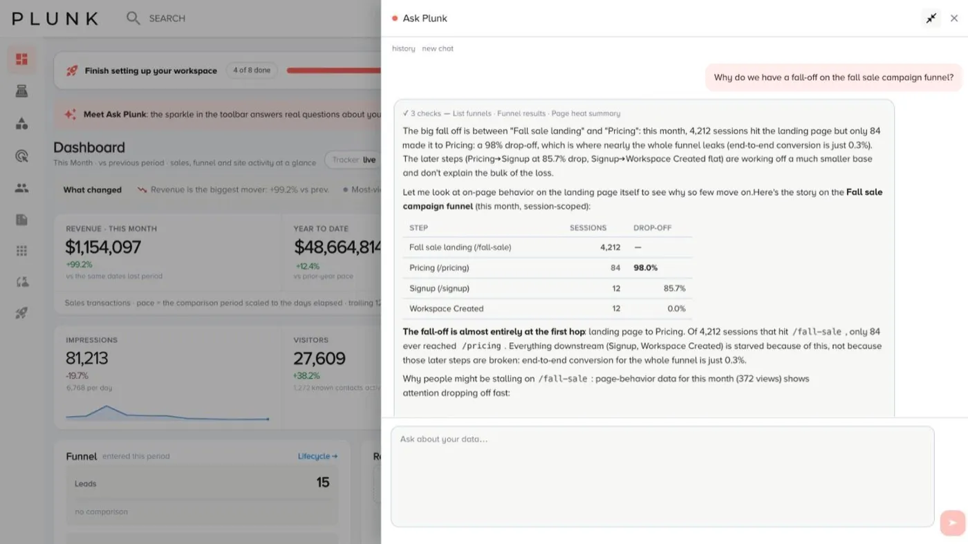 Ask Plunk answering a question from live numbers, with the checks it ran and what to fix