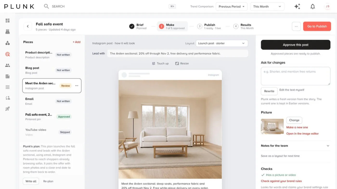 The story builder with one brief turned into pieces for email, Instagram, Pinterest and more, each previewed and approved