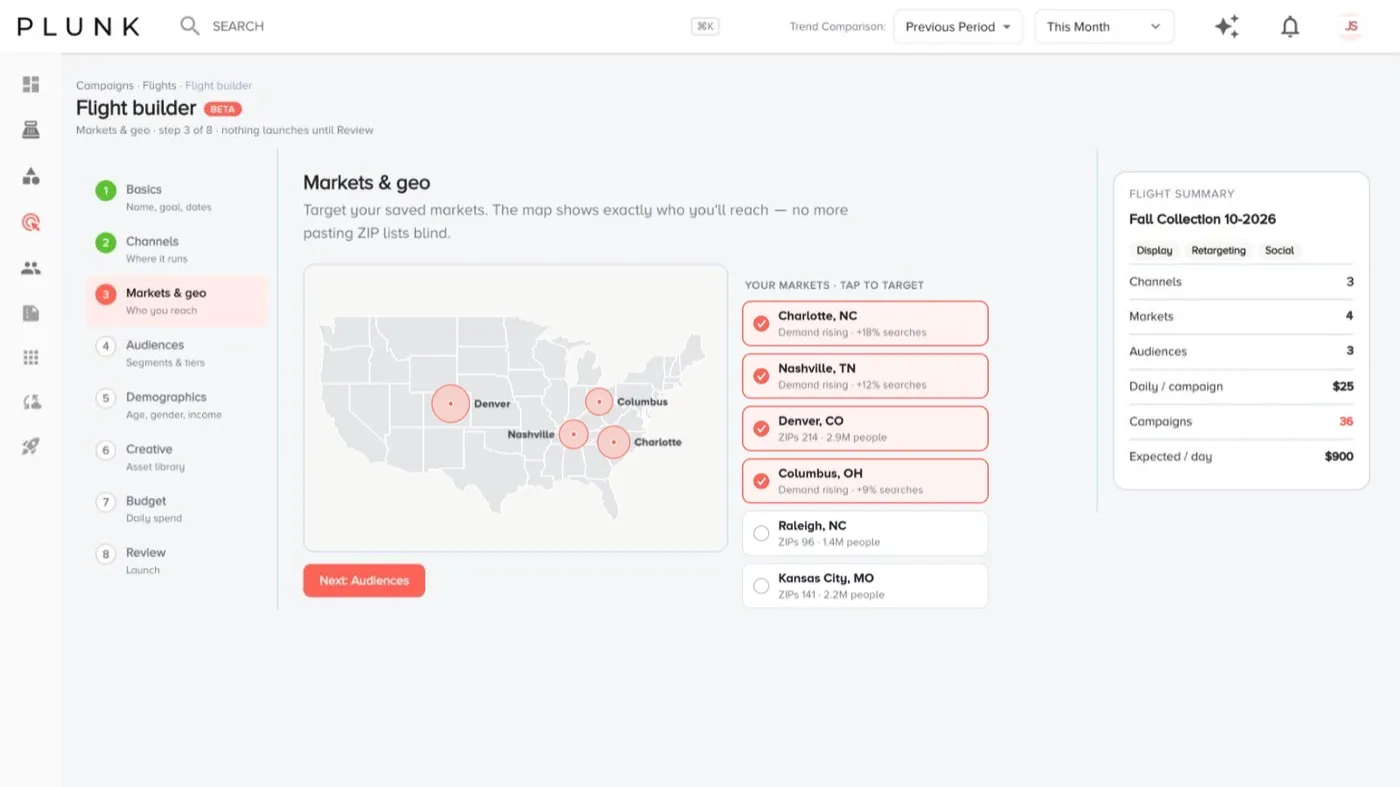 The flight builder on the Markets and geo step, with a map, saved markets and the flight summary