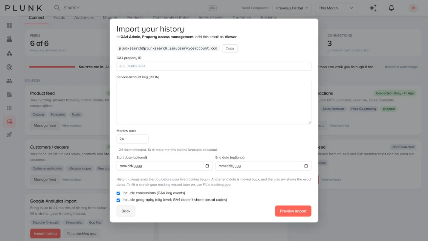 Import your history: the service account email to add as a Viewer in GA4, the property ID, key, months back and optional dates.