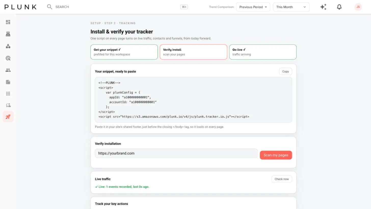 Install and verify your tracker: the snippet ready to paste, Verify installation with Scan my pages, and Live traffic.