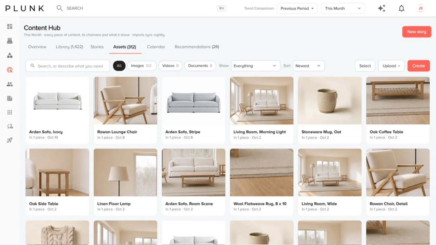 The Content Hub asset library with product images and room scenes