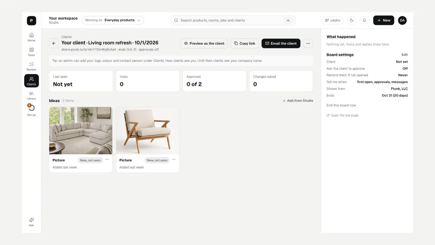 A client board with its link, visits, approvals, ideas and what happened