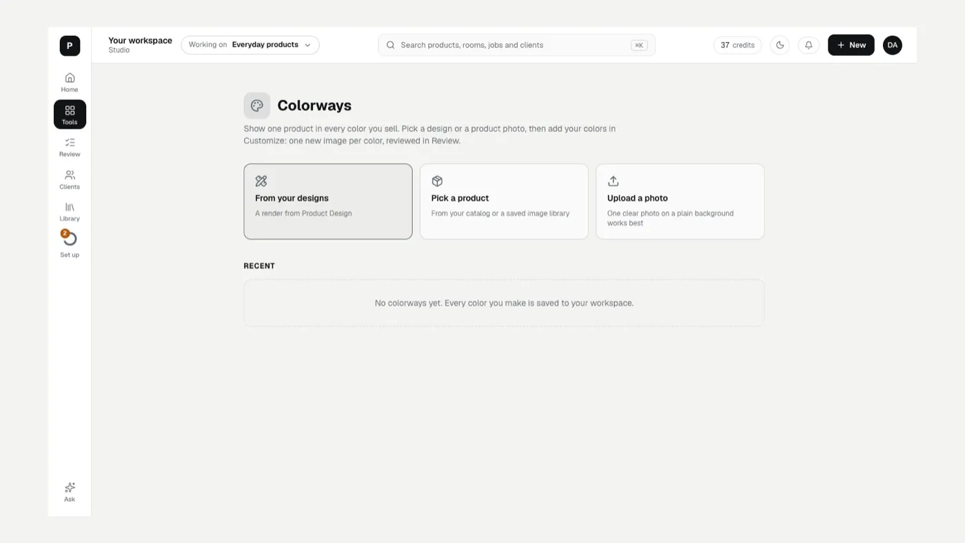 The Colorways start screen with From your designs, Pick a product and Upload a photo