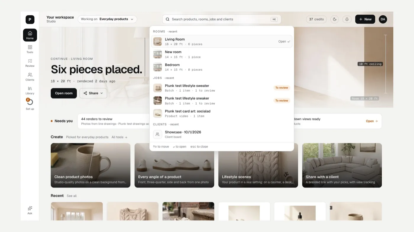Search open with recent rooms, jobs and client boards