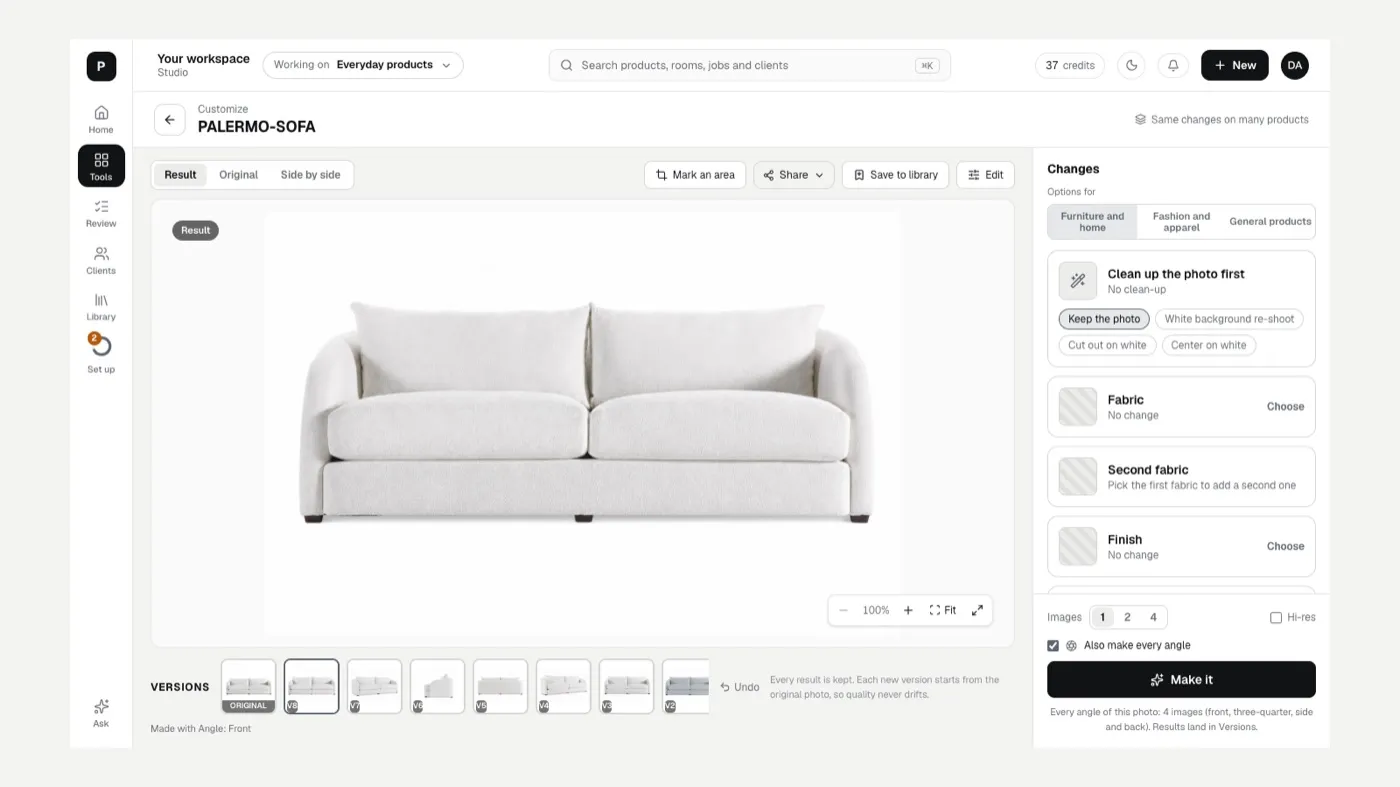 A finished Customize session with the result, the Versions strip and the Changes panel