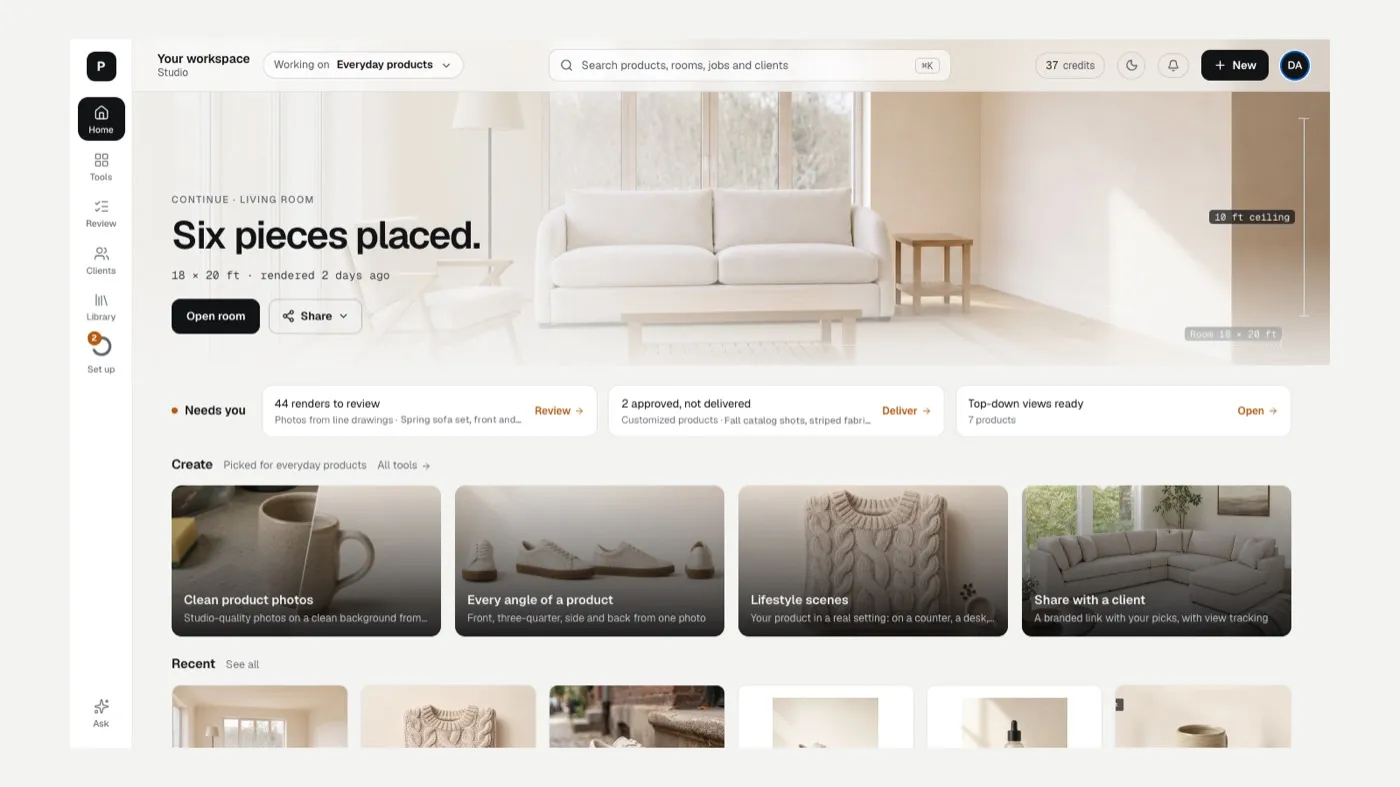 Studio Home with the latest project, the Needs you strip, Create cards and Recent work