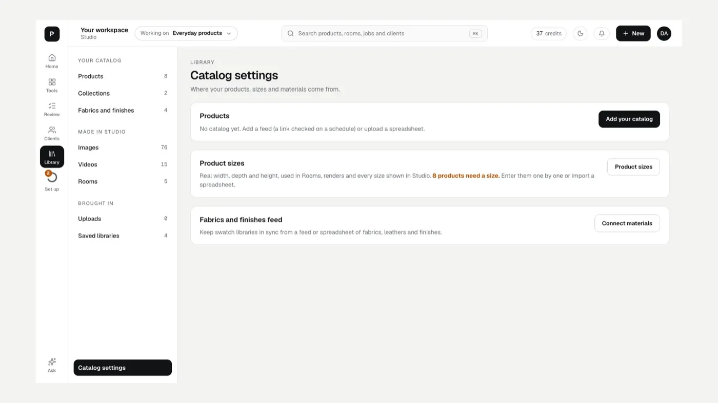 Catalog settings: where products, sizes and materials come from