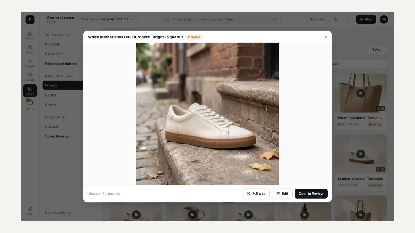One image in the Library with Full size, Edit and Open in Review