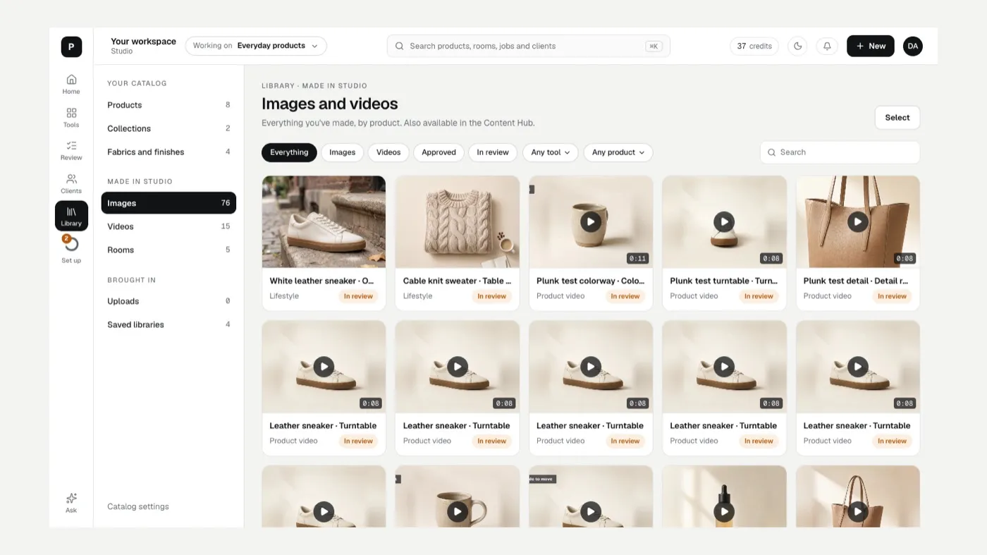 Library, Made in Studio: images and videos with filters for kind, status, tool and product