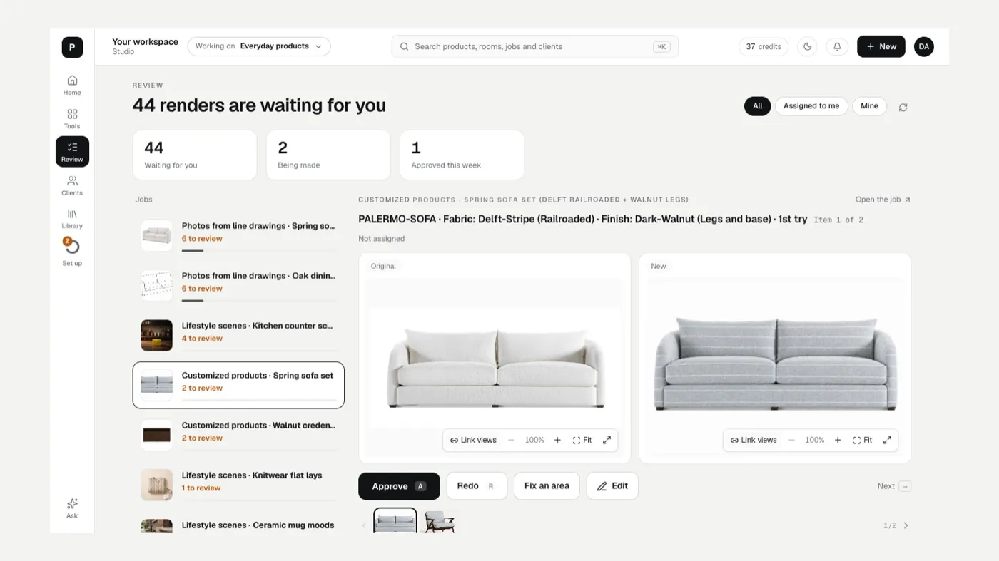 A job in Review: original and new side by side with Approve, Redo, Fix an area and Edit