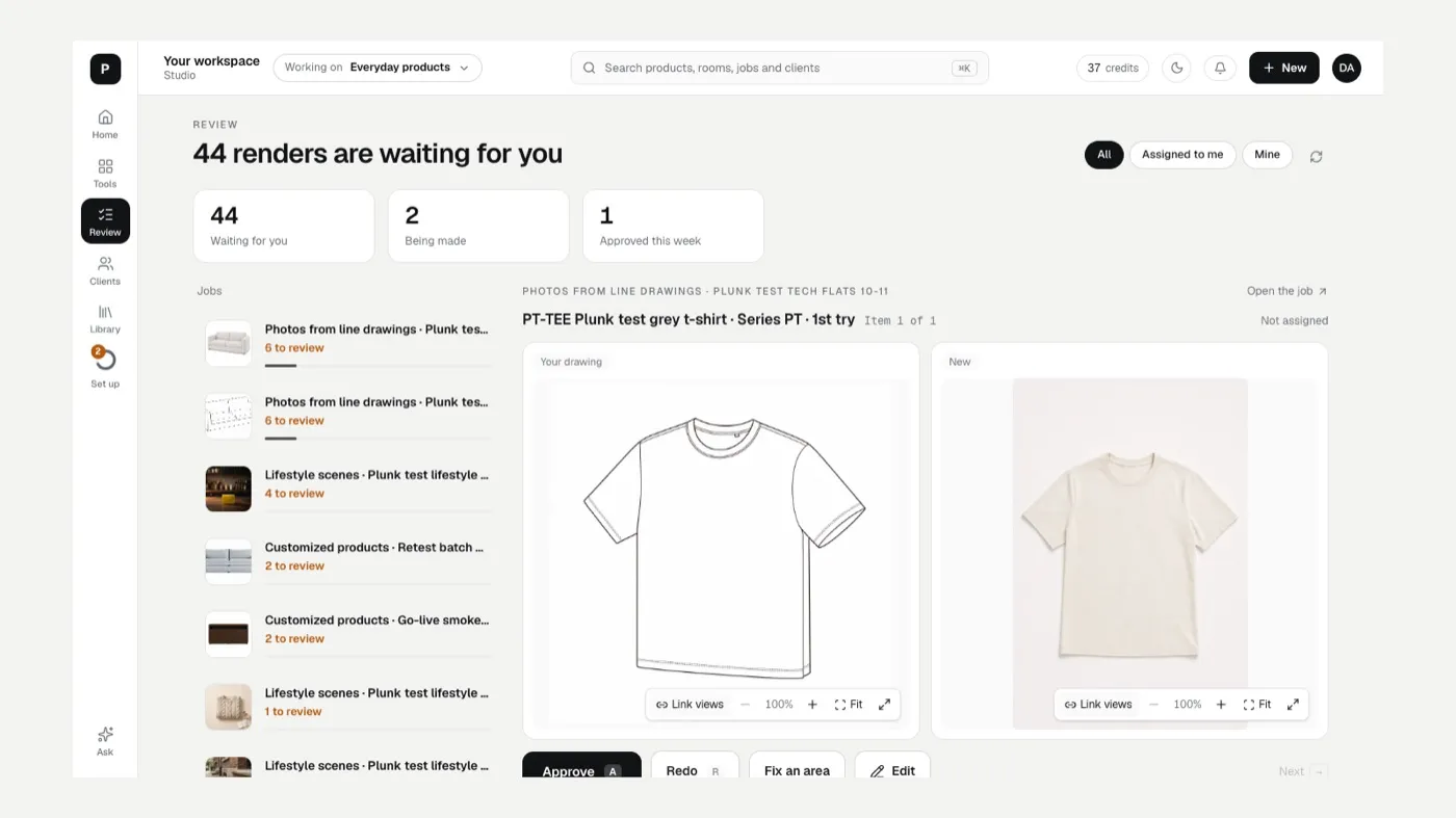 A tech flat turned into a product photo, under review next to the drawing