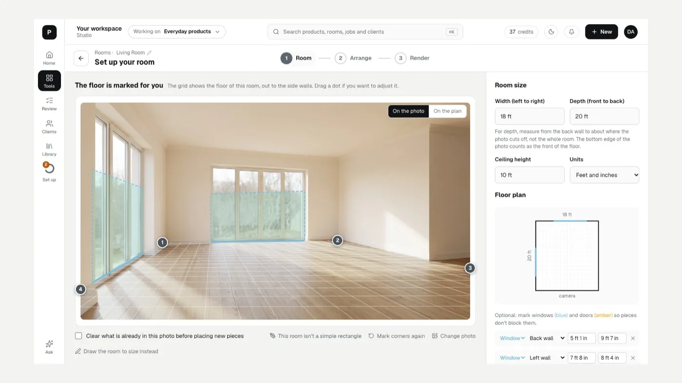 A room photo with the floor marked, room size fields and the floor plan with windows and doors