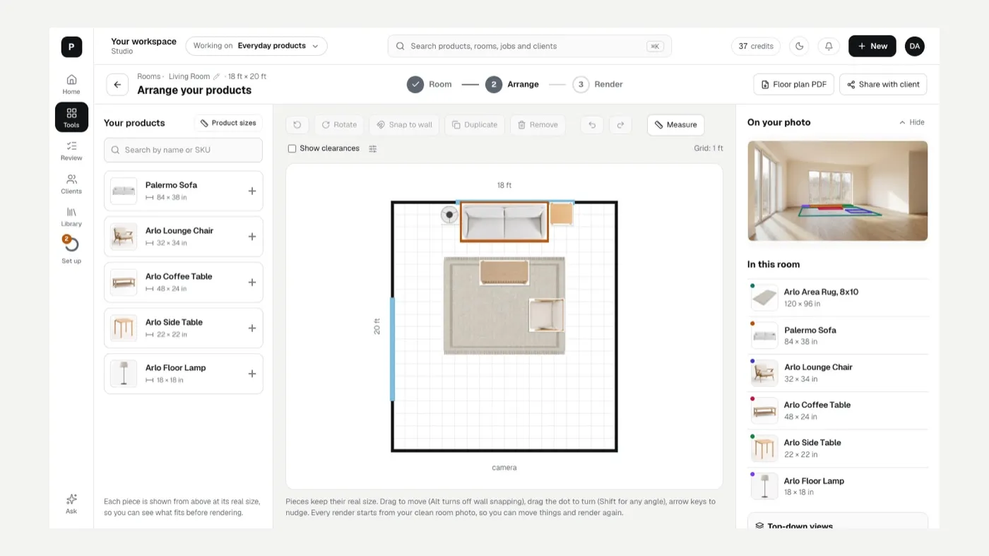 The Arrange step with pieces on the floor plan at their real size and the room preview