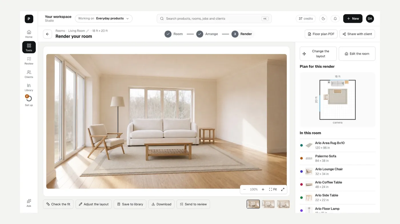 A rendered living room with the plan used and the pieces in the room