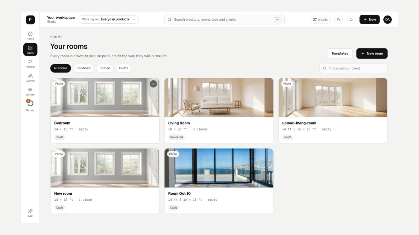 Your rooms: drafts and rendered rooms with their sizes