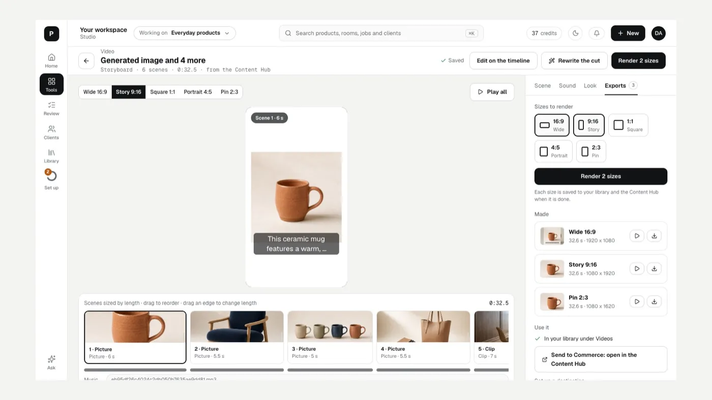 The Exports tab with sizes to render and sizes already made
