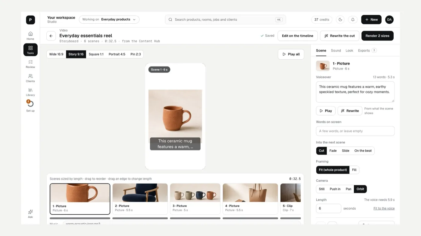 A storyboard with the scene strip, voiceover, words on screen, transitions and camera