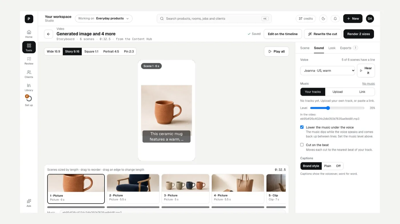 The storyboard Sound tab with voice, music, ducking, cut on the beat and captions