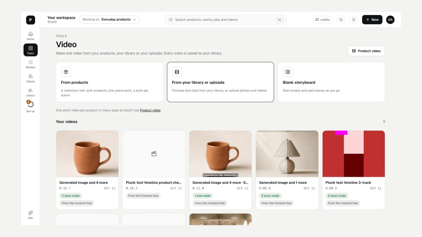 The Video start screen: From products, From your library or uploads, Blank storyboard