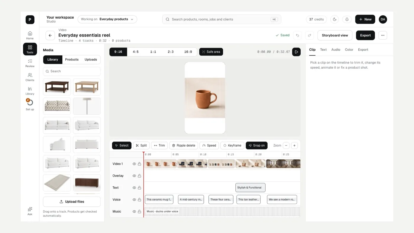 The timeline editor with video, overlay, text, voice and music tracks