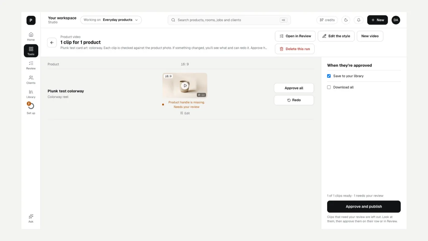 A finished product video run with the product check on each clip