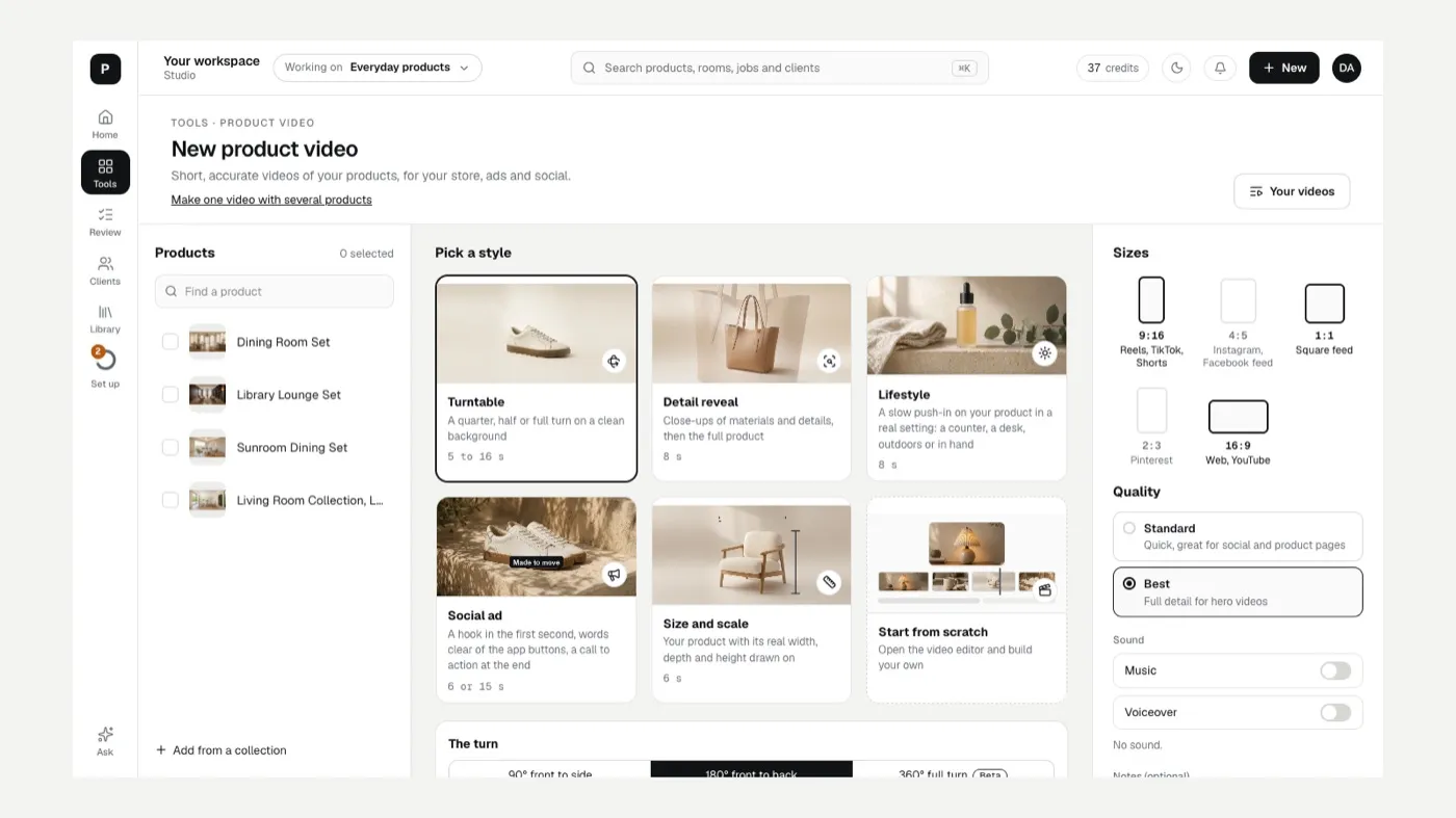 Product video start screen with products, styles, sizes, quality and sound